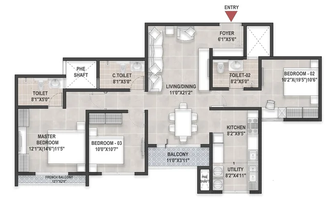 Bren Ananta 3 BHK Type 1 floor plan - 1,668 sq ft layout Bren Ananta 3 BHK Type 1 floor plan - 1,668 sq ft layout