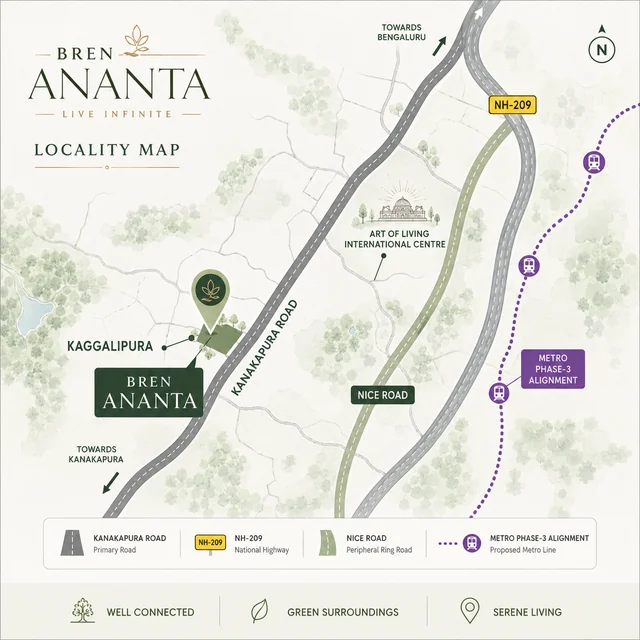 Bren Ananta location map showing NH-209 Kanakapura Road, Art of Living, and Silk Institute Metro